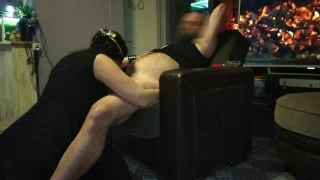 Hot cunt milf in black dress worship his fat cock, balls and anus